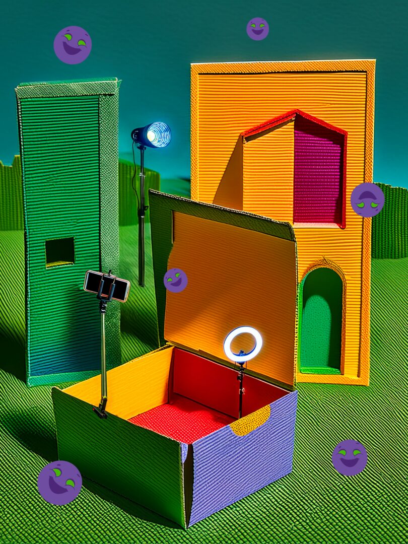 photomontage: boite, smartphone, projecteur, miroir